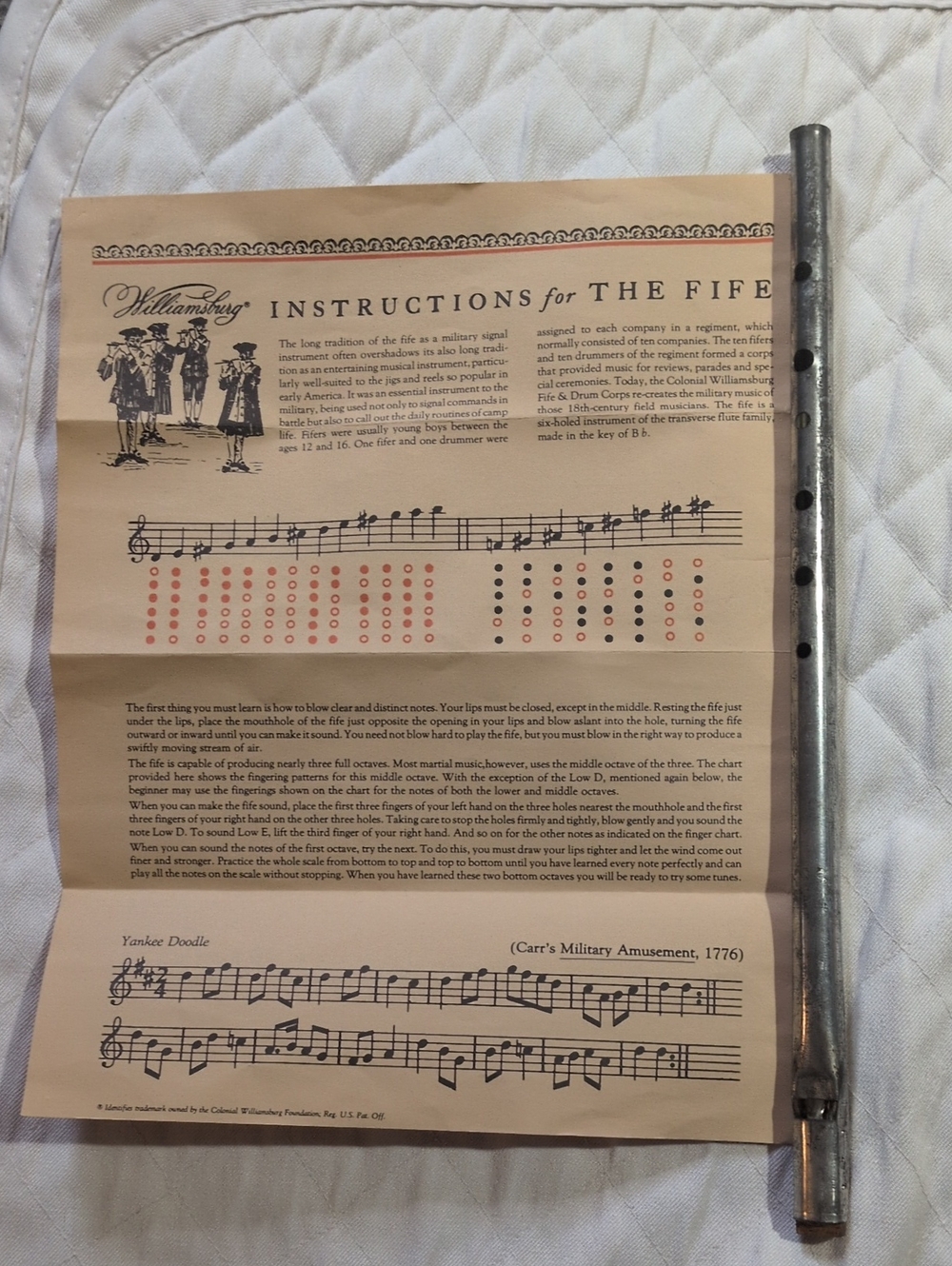 Vintage Fife with Cooperman Instruction Sheet Colonial Collectible Music